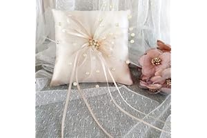 LABJULY Ring Pillow Pearl Ring Bearer Pillows 5.9x5.9 Inch Champagne Stain Ribbons Bow Fall Wedding Ring Pillows for Bridal W