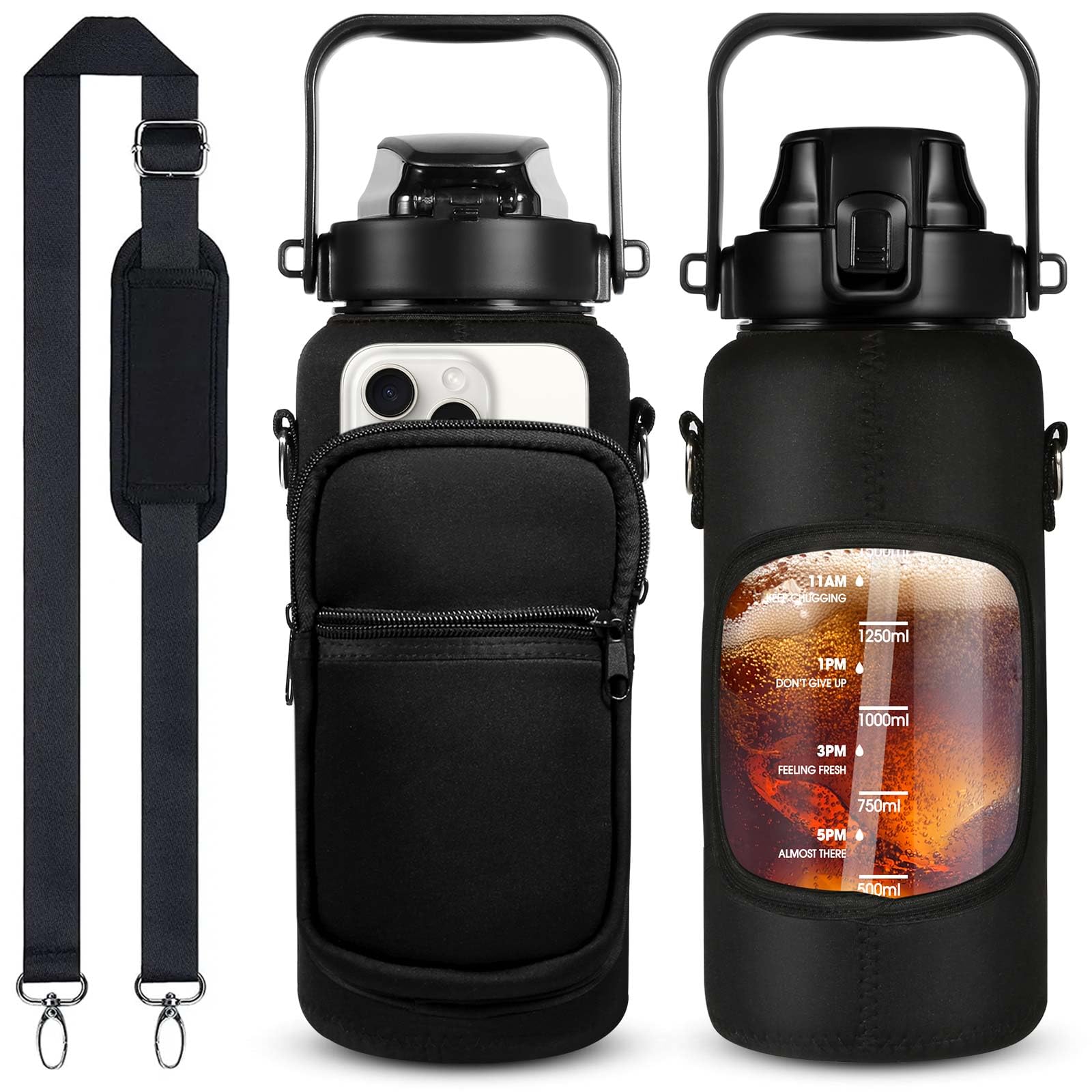 Dolenor 2 Litre Water Bottle with Straw & Sleeve, 64oz Leak-Proof BPA Free Sports Bottle with Time Marker & Strap, Motivational Gym Water Bottle for Fitness, Hiking, Travel,Black