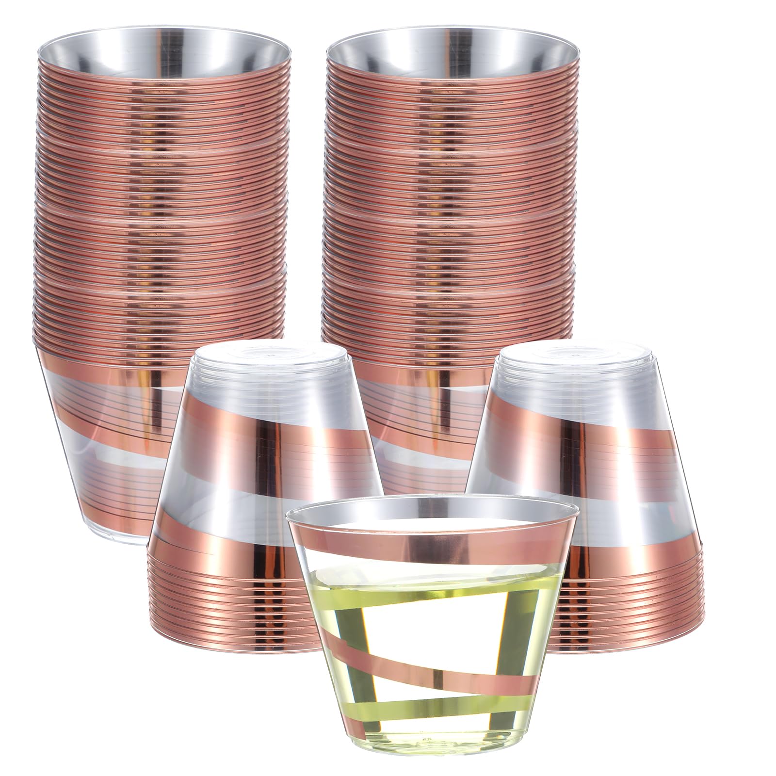 Photo 1 of 100 Pcs 9 oz Rose Gold Rimmed Swirl Plastic Cups Rose Gold Disposable Cups for Wedding Party Baby Shower Clear Elegant Swirl Fancy Heavy Duty Mug for Cocktail and Drinking