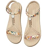SweatyRocks Women's Floral Print Woven Sandals Open Toe Vacation Beach Flat Shoes with Ankle Strap