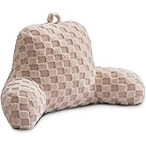 Holawakaka Checkered Reading Pillow with Arms, Adults Backrest Reading & Rest Pillows for Sitting Up in Bed, Bed Rest, Lounging, Working, Arms Back Support Cushion for Men Women Teens, Beige