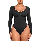 FeelinGirl Women's Long Sleeve Shapewear Bodysuit for Tummy Control Seamless Body Suits Thong V Neck Going Out Tops