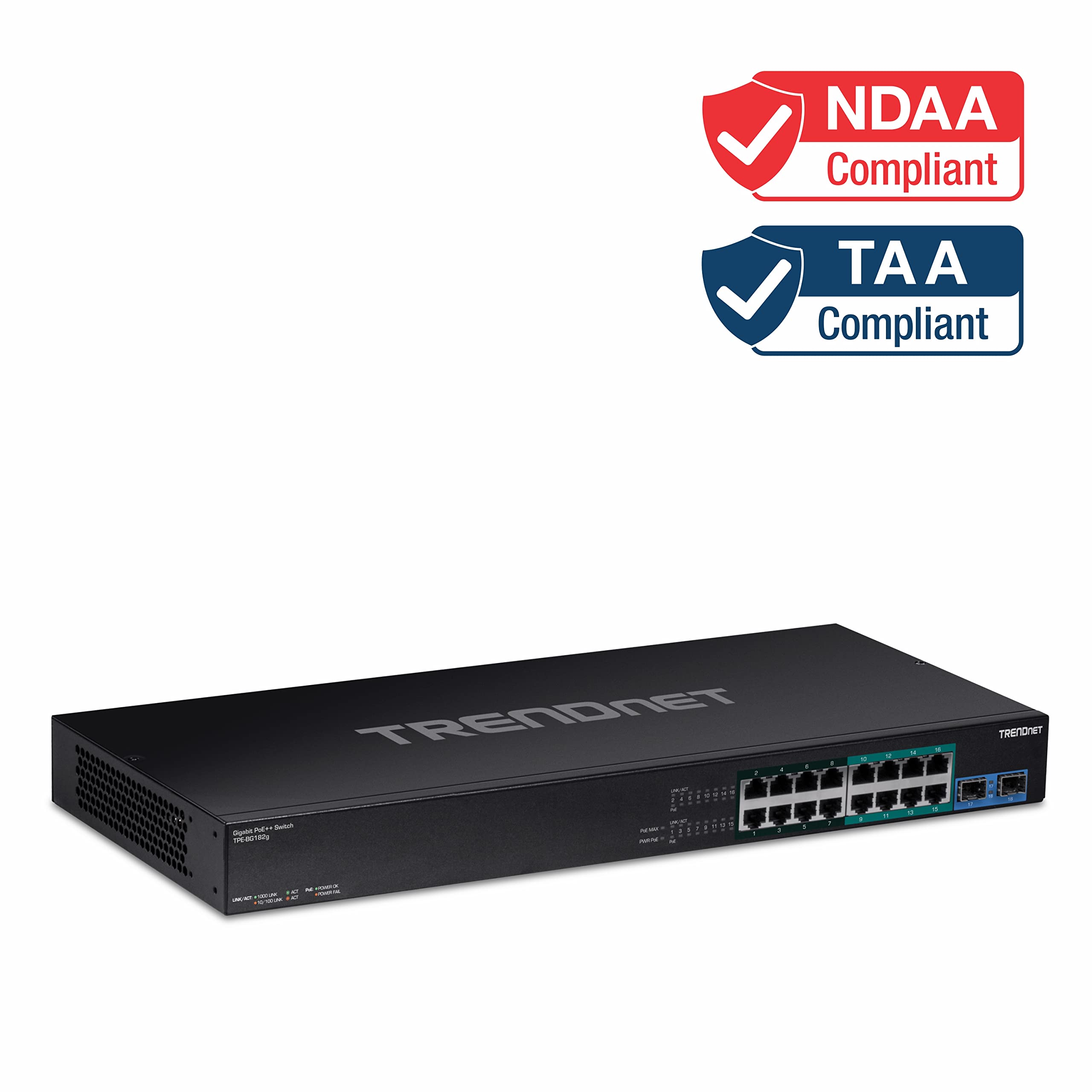 TRENDnet TPE-BG182g, 18-Port Gigabit 440W 4PPoE Switch with 8 x 95W 4PPoE Ports, 8 x 30W PoE+ Ports, 2 xGigabit SFP Slots,440W PoE Budget, 1U 19” Rack Mountable,Lifetime Protection