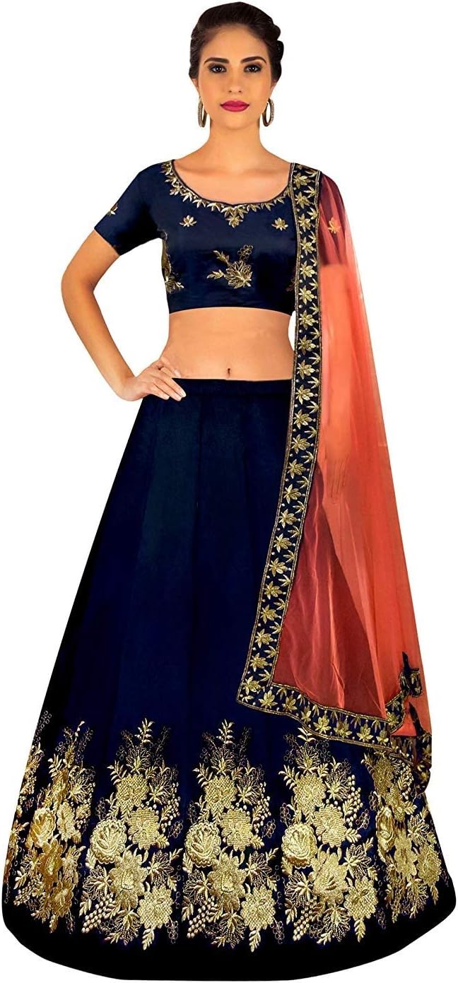 Alazra Creation Women's Taffeta Silk Semi-Stitched Lehenga Choli (Blue, Free Size)