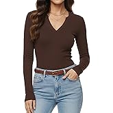 Meetrendi Womens Long Sleeve Shirts V Neck Casual Work Tops 2025 Fall Slim Fitted Basic Tee