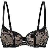 IHOIU Women's Balconette Bra Sexy Lace Bralettes Demi Underwire Low Cut Cotton Everyday Bras Half Cup Lingerie (Black Nude, 34B)