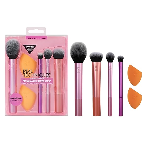 REAL TECHNIQUES 6 PIECE EVERYDAY ESSENTIALS MAKEUP BRUSH SET, INCLUDES 4 BRUSHES & 2 MAKEUP SPONGES, FOR FOUNDATION, BLUSH, BRONZER, CONTOUR, EYESHADOW, & POWDER, TRAVEL GIFT SET, CRUELTY-FREE & VEGAN