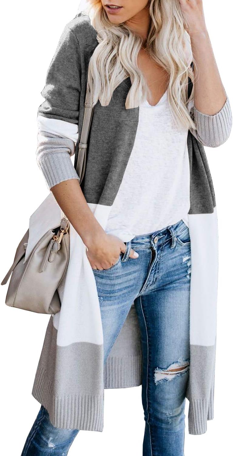 Misassy Womens Boho Open Front Cardigan Long Sleeve Striped Color Block Loose Knit Lightweight Sweater Coats
