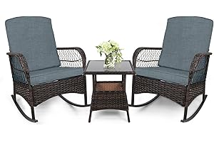 LEVELEVE 3 pcs Rocking Bistro Set Conversation Chairs PE Wicker Outdoor Rocking Chairs (Grey)