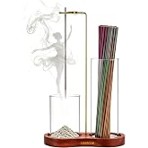 Urvicor 2-in-1 Upside Down Incense Holder with Storage, Anti-Ash Flying Glass Incense Burner Stand, Wooden Base Brass Hanging Incense Ash Catcher for Sticks, Aesthetic Room Decor Gift