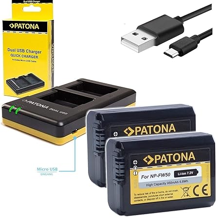 Patona Akku 2x (950mAh) - Ersatz für Sony NP-FW50 mit Patona USB Dual Ladegegerät zu Sony ILCE Alpha 5100 6000 6300 6500 / A5