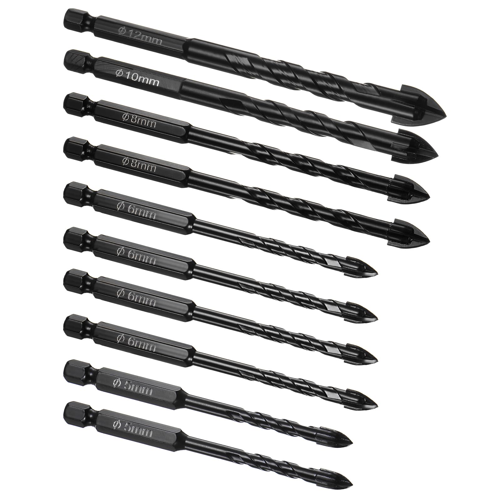 Kozelo 10pcs Masonry Drill Bit Set - [ 5mm to 12mm ] Concrete Drill Bit Set for Brick/Glass/Plastic/Ceramic Tile Use, 1/4" Hex Shank, Carbide Tip