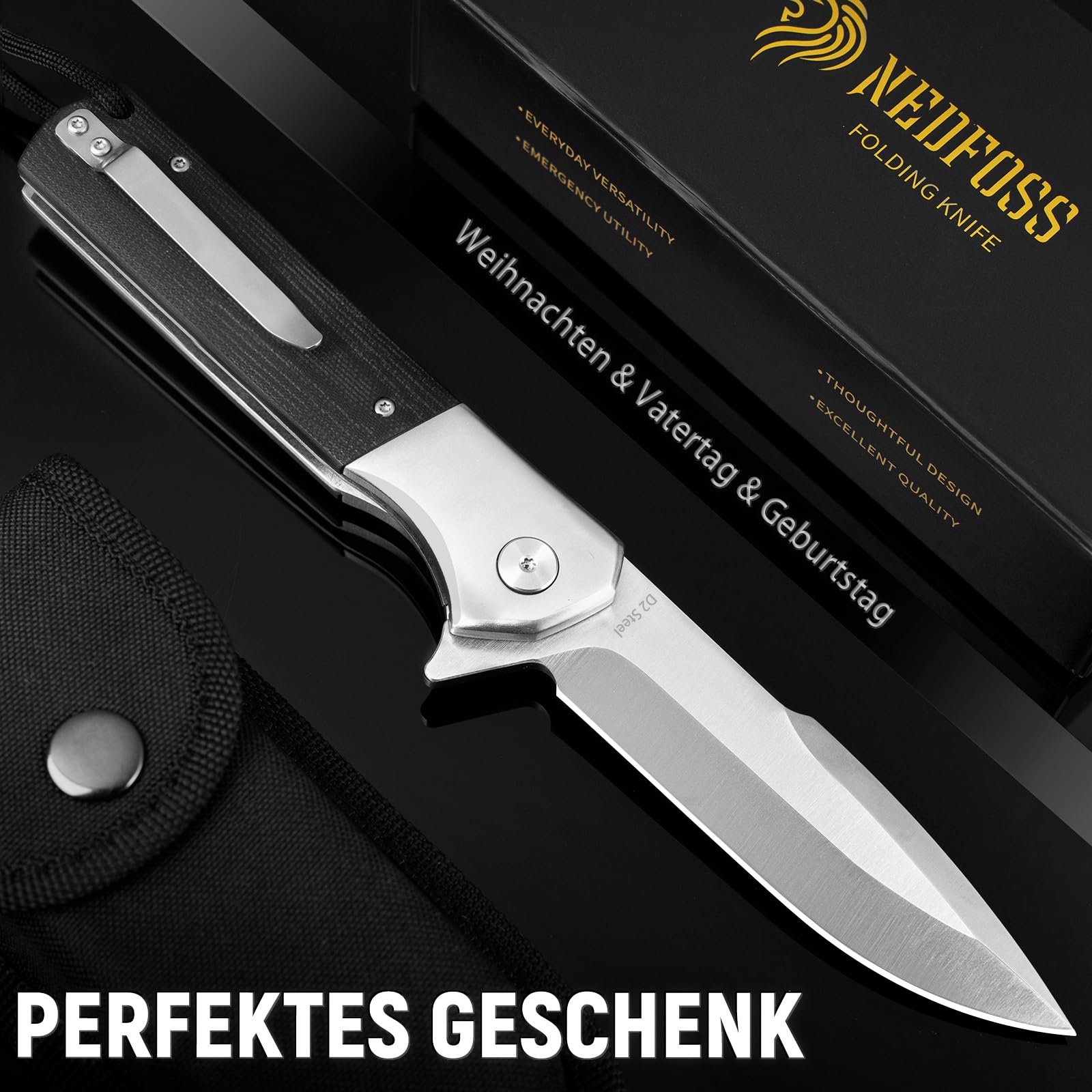 NedFoss BEAST Klappmesser, 10cm D2 Stahl Einhandmesser mit G10 Griff 6