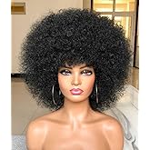 HIHOO Short Afro Wig with Bangs for Black Women Afro Kinky Curly Wig 70s Premium Synthetic Big Afro Wigs(Black)