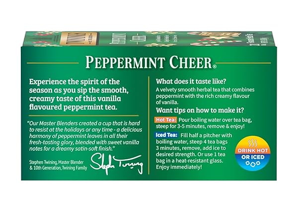 TWININGS PEPPERMINT CHEER HERBAL TEA INDIVIDUALLY WRAPPED BAGS, 20 COUNT (PACK OF 1), PEPPERMINT & VANILLA, NATURALLY CAFFEINE-FREE, ENJOY HOT OR ICED, 20 TEABAGS