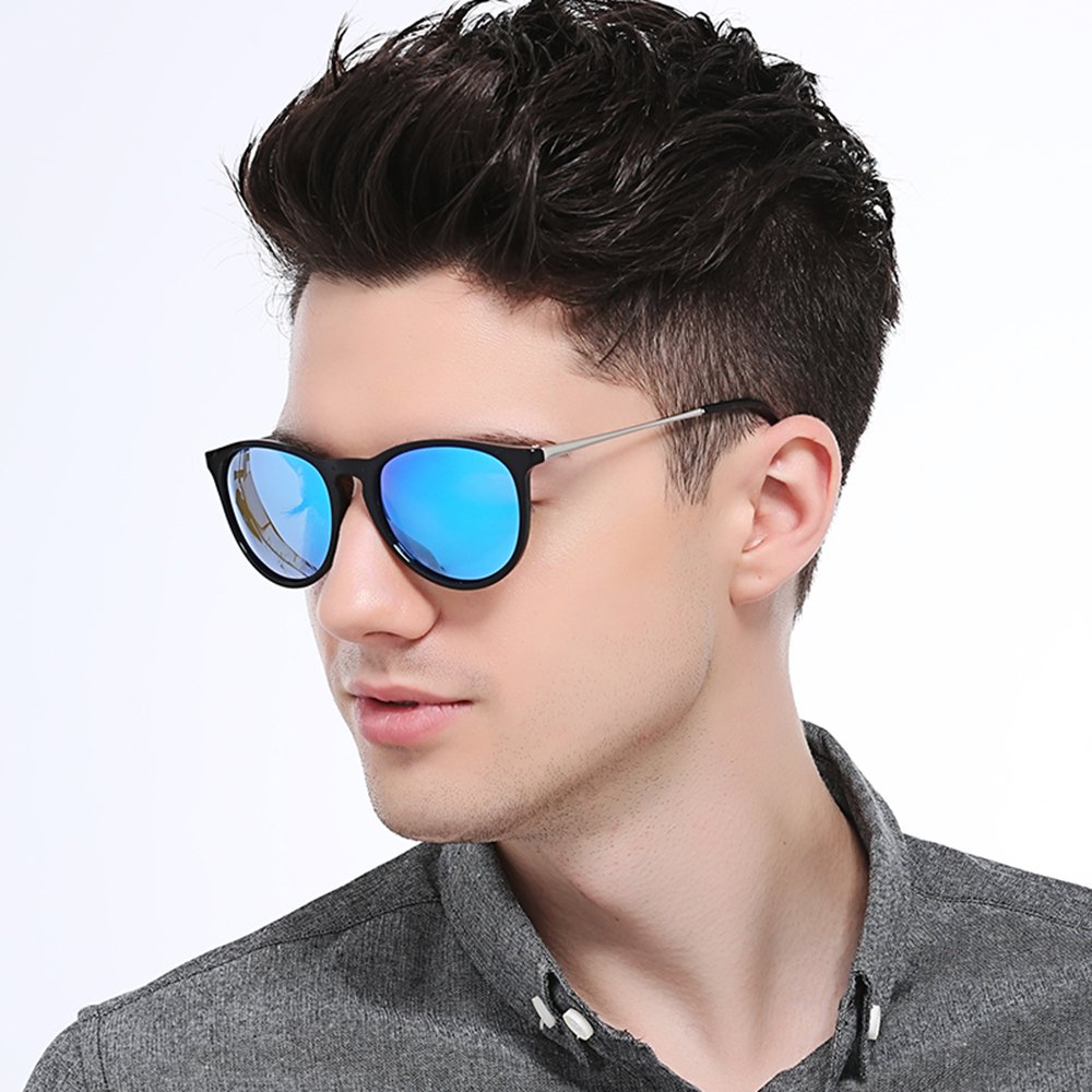 WELUK Wayfarer Sunglasses Polarized Women Men 60mm Round Retro Large Lens (Black & Blue, 60)