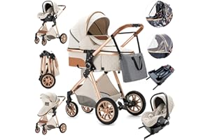 Zkiprm 3 in 1 Stroller, Portable Baby Stroller with Infant Carrier, 3-Mode Newborn Reversible Bassinet, One-Click Folding, Landscape High Aluminum Frame, Baby Carriage Combo for Infant (White Gold)