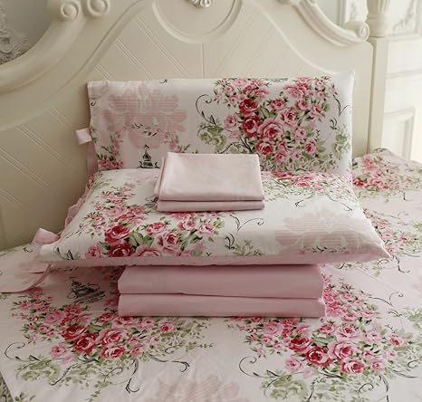 Amazon Com Fadfay Shabby Floral Bedding Set Queen Size Sheet Set 4 Piece Premium 100 Cotton Pink Rose Pattern 1 Deep Pocket Fitted Sheet 1flat Sheet 2 Pillowcases Standard Size Home Kitchen