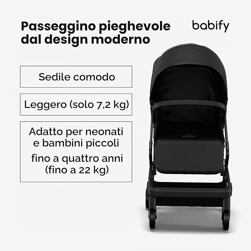 Urban Ease Passeggino Leggero - Da 0 a 4 Anni (22 kg), Ripiegabile con Una Mano, Reclinabile, Poggiapiedi Regolabile, Fodera Rimovibile, Cestino, Tettuccio con Finestra, Nero