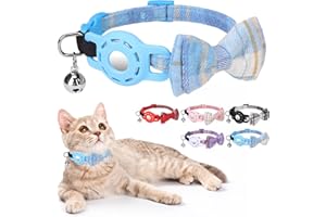 DILLYBUD Airtag Cat Collar with Bells and Bowtie -Safety Elastic Band Kitten Collar for Apple Air Tag Holder- Cute GPS Cat Tracker Collars for Girl Boy Cats and Puppies, Adjustable 8"-12" Blue