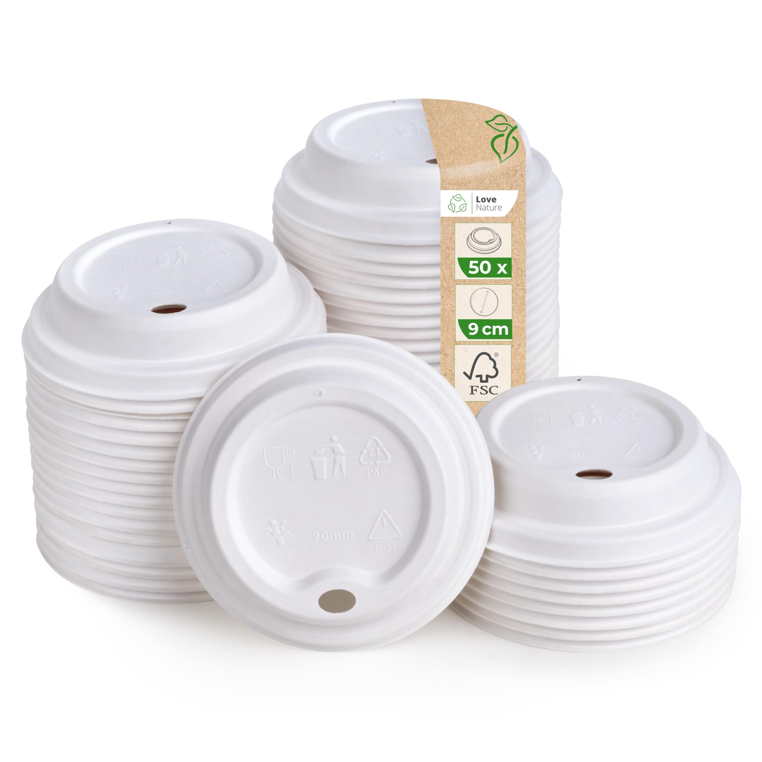 Love Nature Lid for Paper Cups 300 ml – Pack of 50 Diameter 90 mm for Coffee Cups to Go – White Made of Sugar Cane