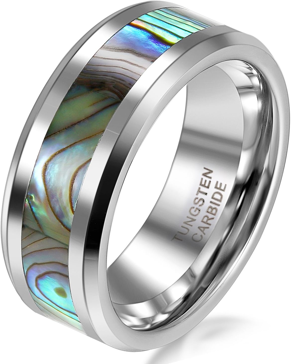 JewelryWeTungsten Love 8mm Comfort Fit High Polish Tungsten Carbide Ring Men's Aniversary/Engagement/Wedding Band with Abalone Inlay : UK Size - Z+1