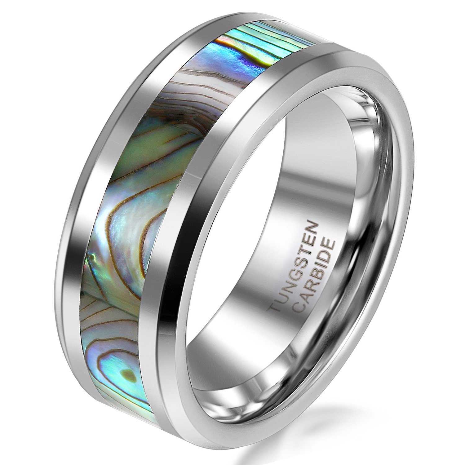 JewelryWeTungsten Love 8mm Comfort Fit High Polish Tungsten Carbide Ring Men's Aniversary/Engagement/Wedding Band with Abalone Inlay : UK Size - Z+1