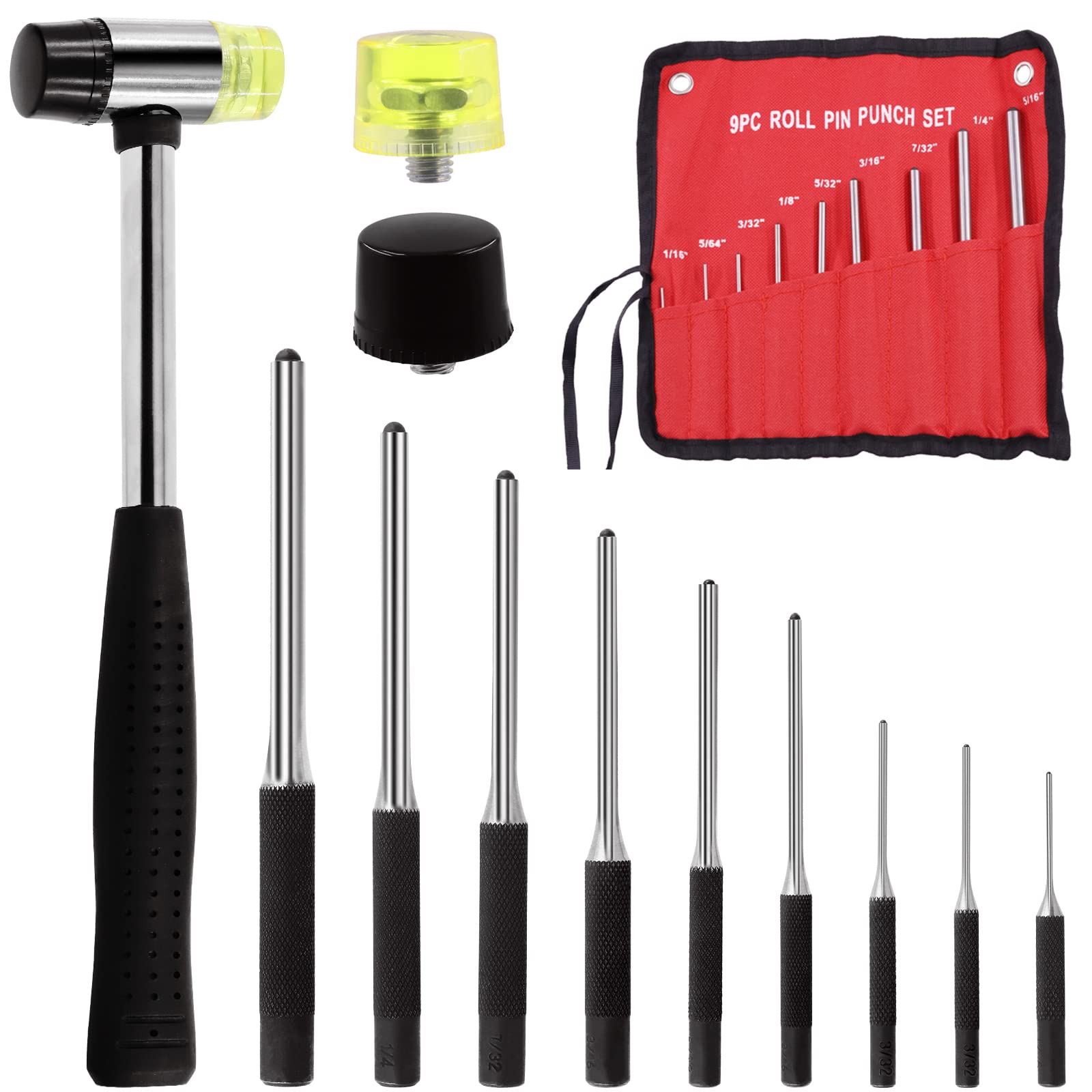 Wokape 12Pcs Roll Pin Punch Set with 1 Inch Soft Mallet, Removing Repair Tool with Holder and Storage Pouch Perfect for Automotive, Watch Repair, Jewelry and Craft