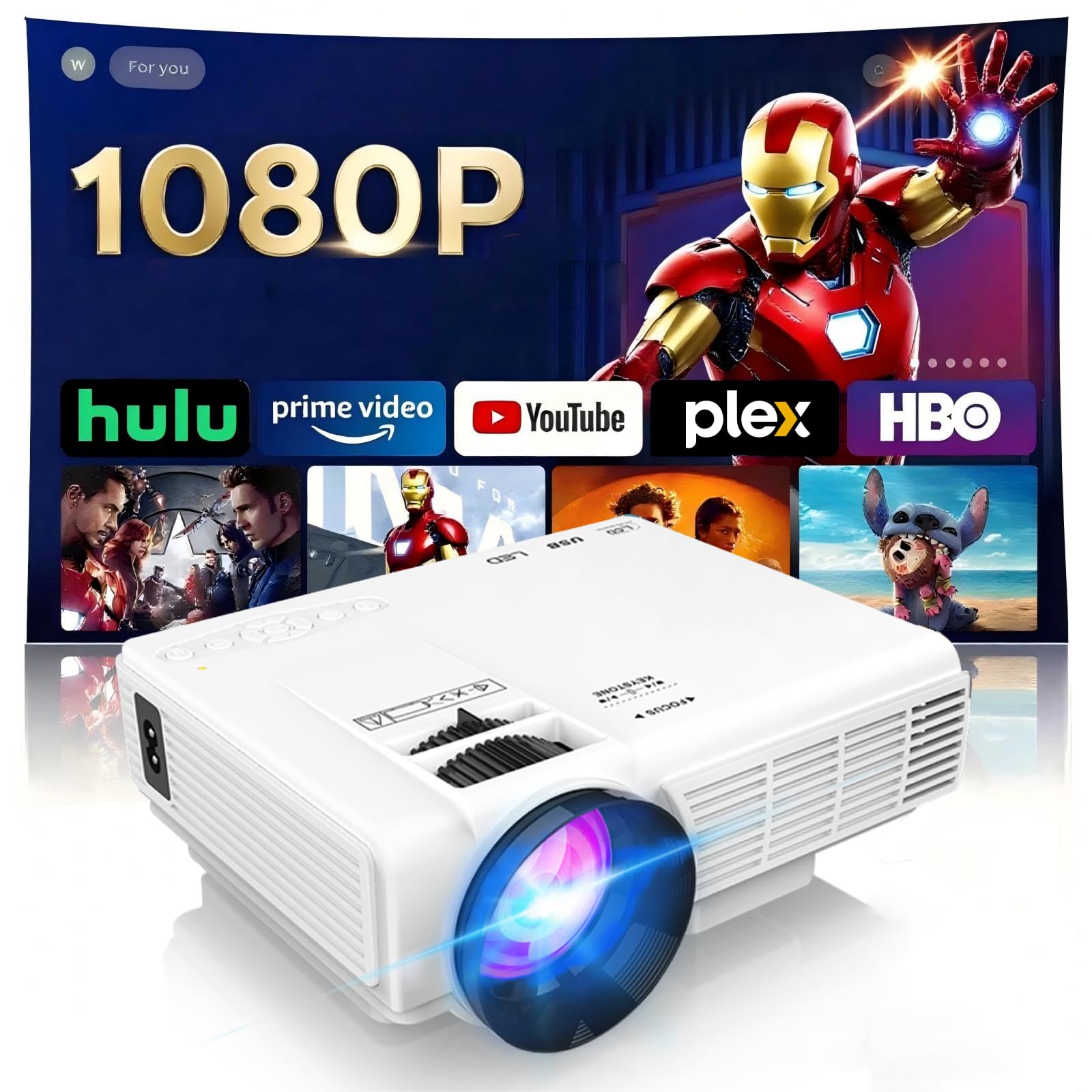 Photo 1 of ?Two-Way Bluetooth?1080P Mini Projector with Projector Screen, 50% Zoom, Portable Outdoor Movie Projector, Compatible with TV Stick, Video Games, HDMI, USB, Smartphone (1080P Projector)