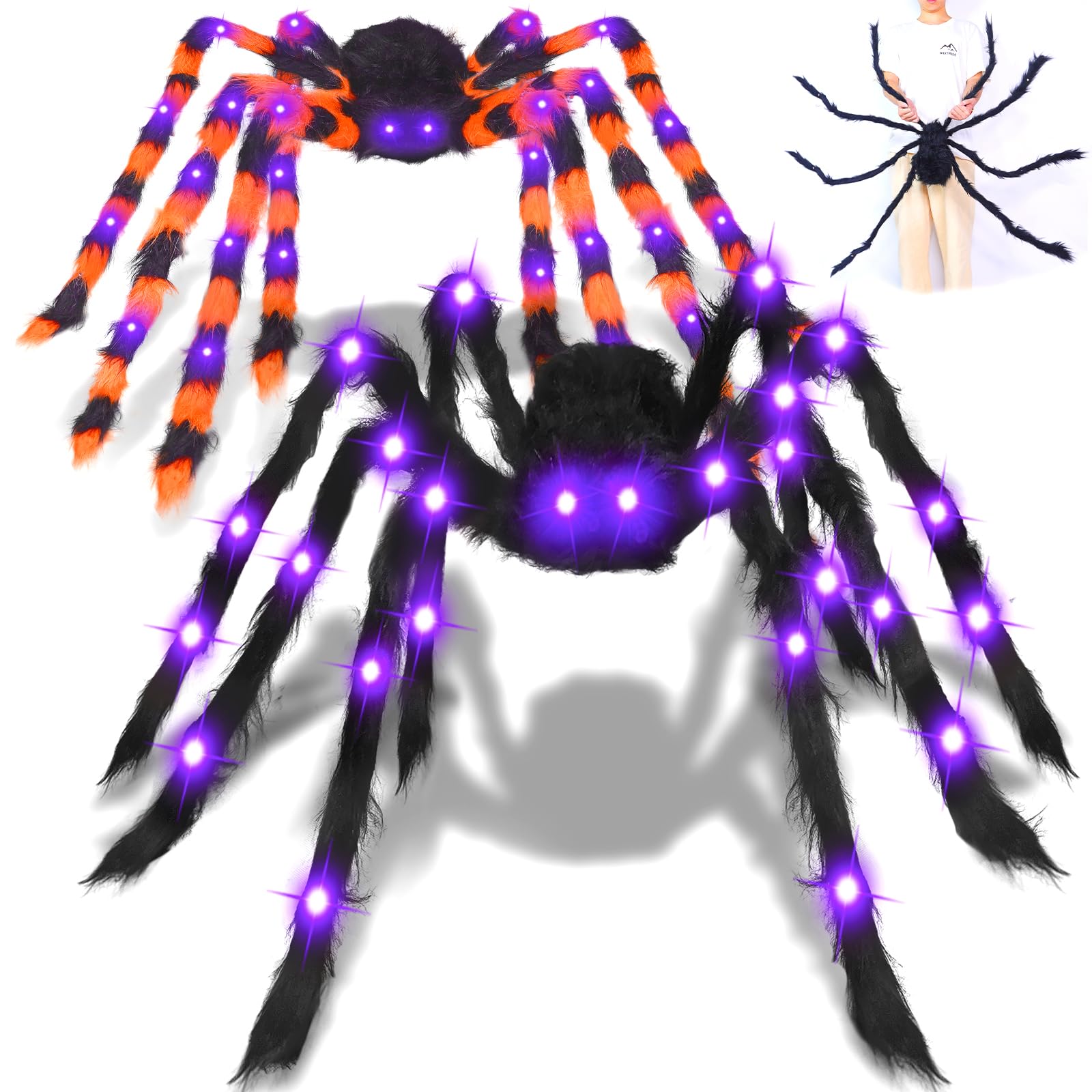 Photo 1 of 2 Pack 5 Ft+4.2 Ft Giant Spider Halloween Decorations Outdoor, Light up Black and Dual Color Fake Spider Totally 52 Purple LED for Yard Outside Indoor Scary Haunted House Prop Halloween Party Decor