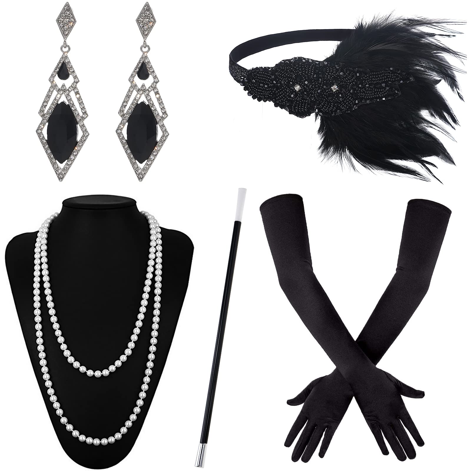 KharmLaddy 5 Pieces 1920s Accessories Set Flapper Costume for Roaring 20s Party Prom Accessories Black A