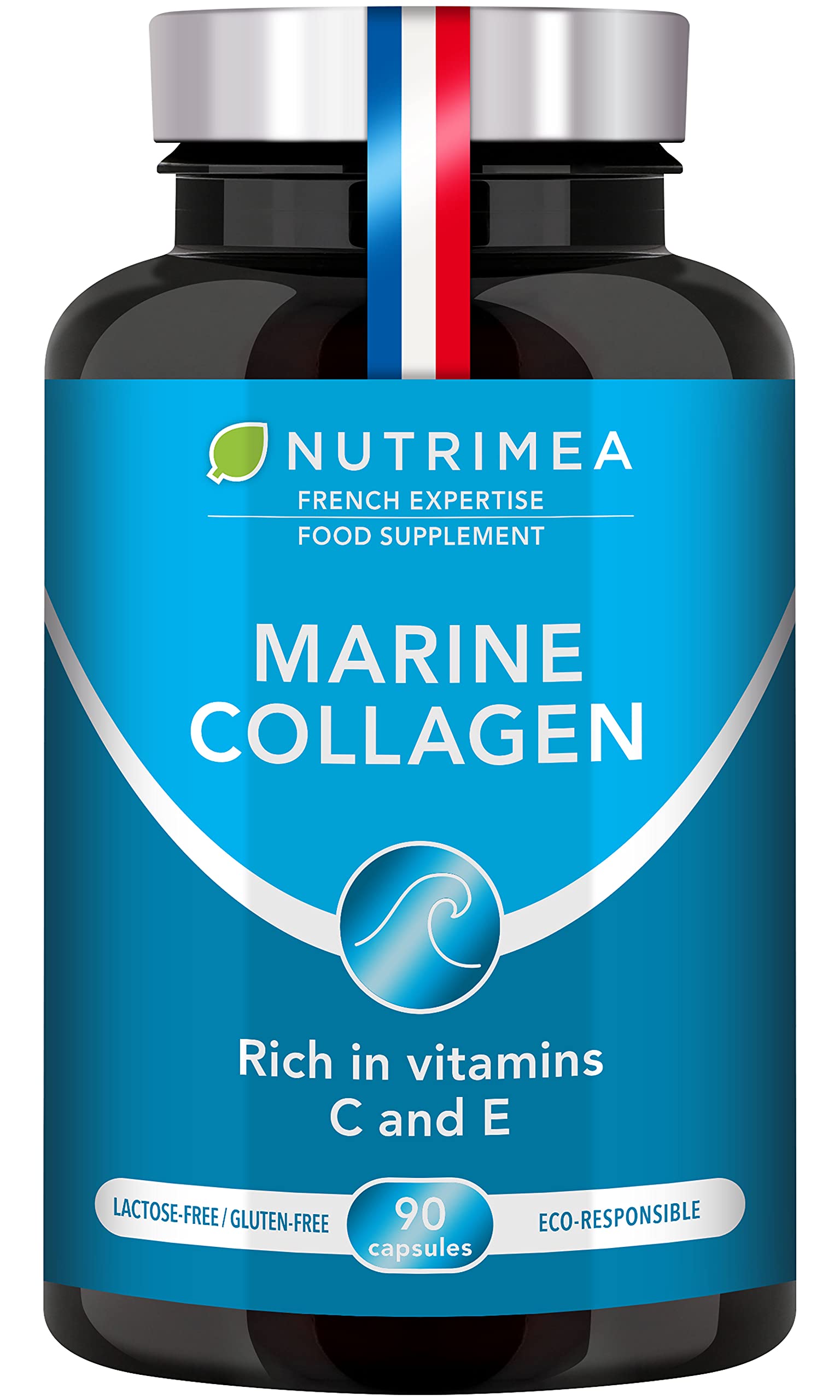 Pure Marine Collagen (900mg) - Enriched with Vitamins C and E – Patented Premium Type I & II Hydrolyzed Collagen - Skin Hydration - Protect Bones and Joints - 90 Capsules - French Expertise - Nutrimea