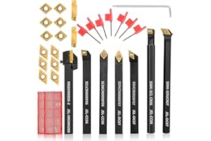 JOOGTO Indexable Lathe Turning Tool 21Pcs Kit 5/16" 8mm Shank 7 Pcs Metal Lathe Tool Holder Set with 14 Pcs Turning Inserts for Turning Grooving Threading Boring Carbide Inserts Carbide Turning Tool