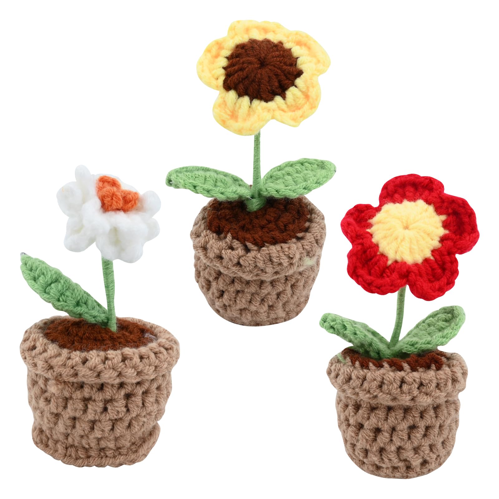 3Pcs Handmade Crochet Flowers Pot - Hand Knitted Sunflower Flower Basket For Decorating Rooms, Home Office, Desktop, Cars, Family (A)