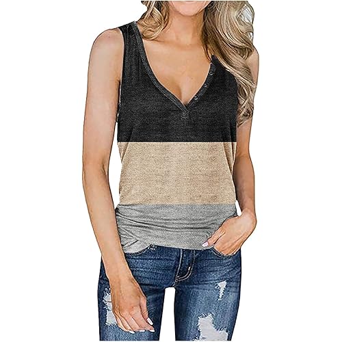 Euone_Clothes Women's Blouse Womens Casual Loose Color Matching Button V-Neck SleevelessTops Blouses Vests