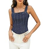 Ladyful Denim Corset Top for Women Square Neck Jean tank Tube Top Back Tie Spaghetti Strap Crop Denim Vest Cami