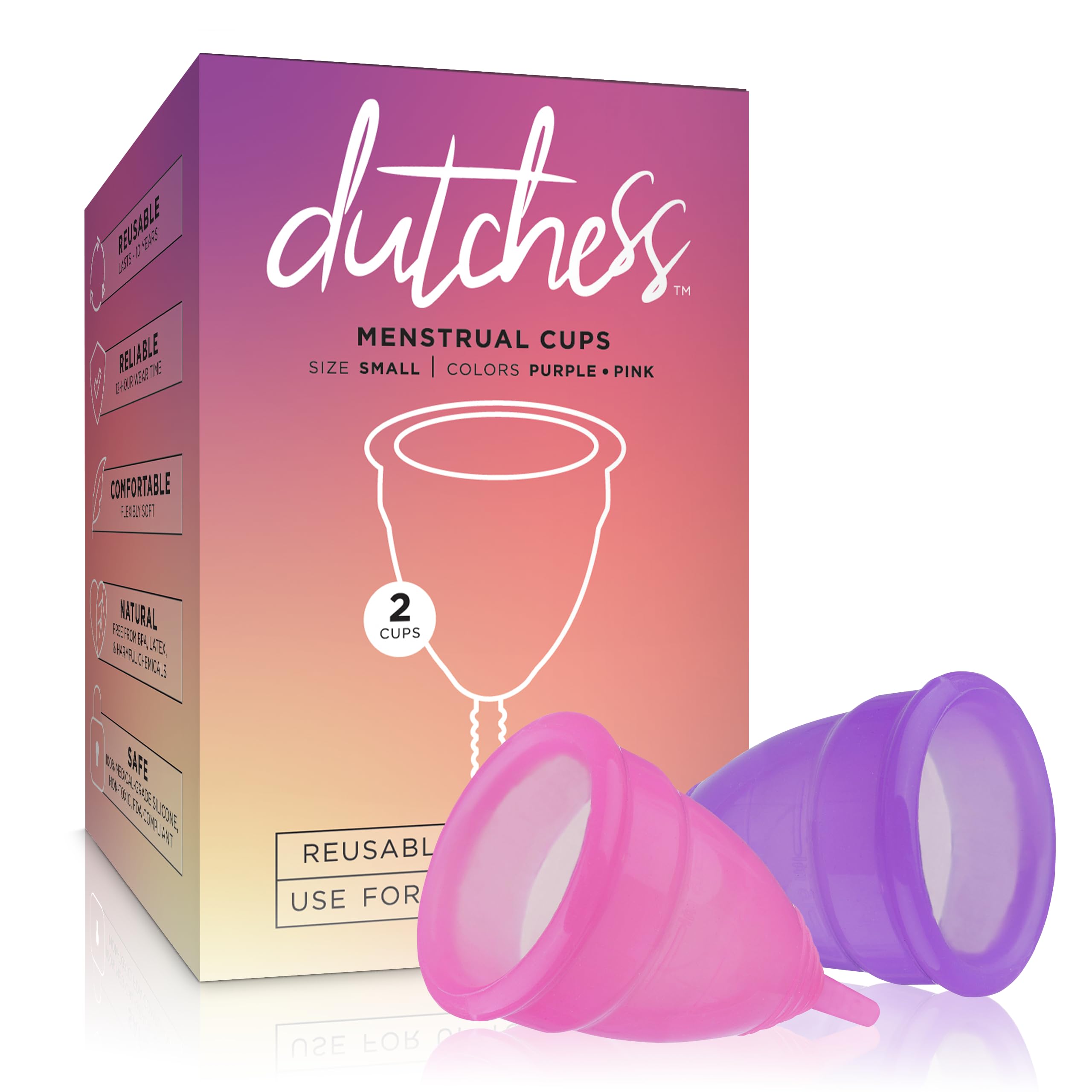 Photo 1 of Dutchess Large Menstrual Period Cups for Women + Storage Pouch, Pack of 2 Pink & Purple Soft Medical-Grade Silicone Reusable Feminine Care Tampon & Pad Alternative, Easy to Clean - Camping, Sports