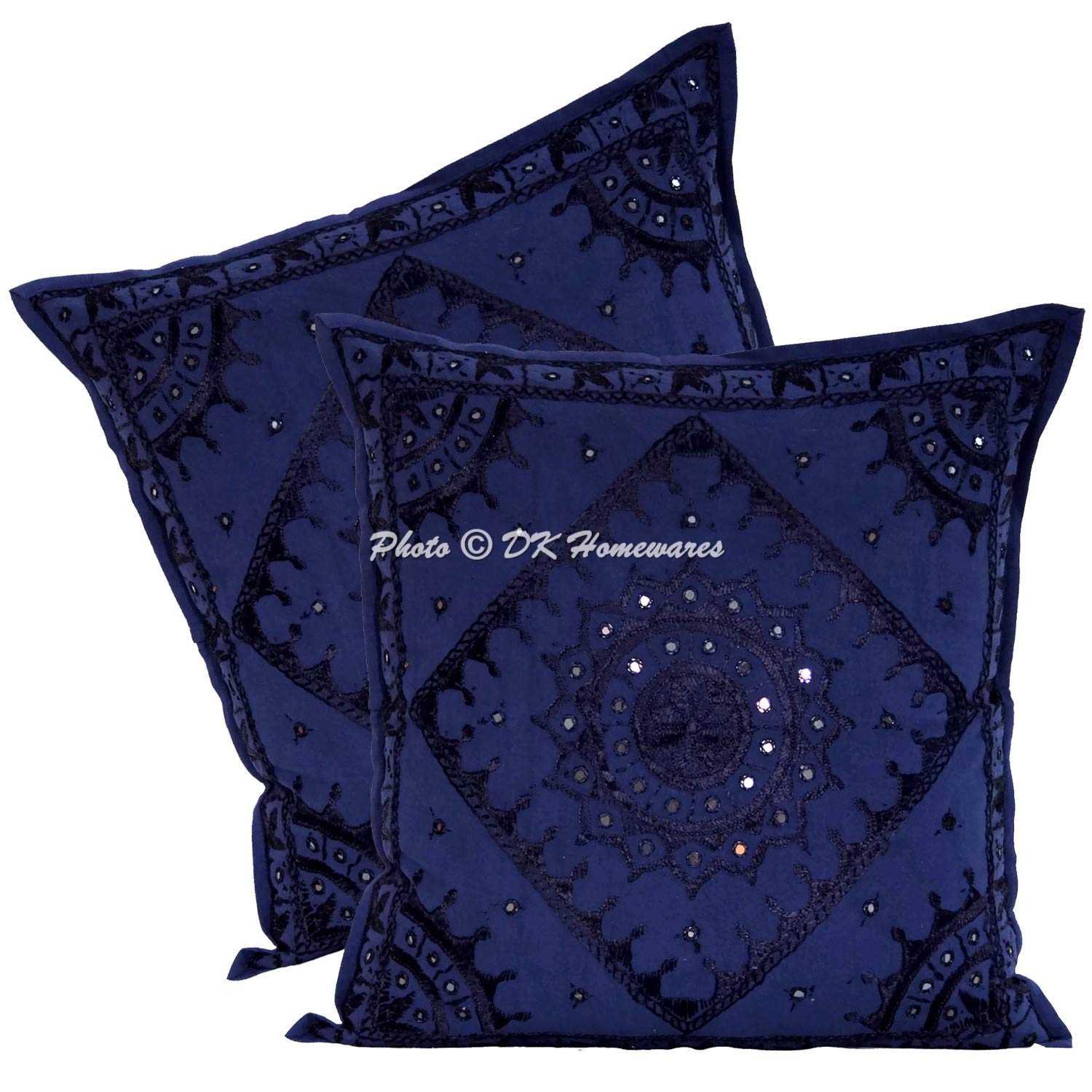 DK Homewares Ethnic Sofa Cushion Covers 60cm x 60cm Dark Blue Embroidered Cotton Bohemian Square Living Room 24x24 Inches Decorative Settee Scatter Pillowcases - Set of 2 Pcs