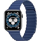 INI Compatible with Apple Watch Band 49mm 46mm 45mm 44mm 42mm 41mm 40mm 38mm - Adjustable Leather Strap with Magnetic Closure System for iWatch Series 10 Ultra 2 Ultra/9/8/7/SE/6/5/4/3/2/1 - Navy