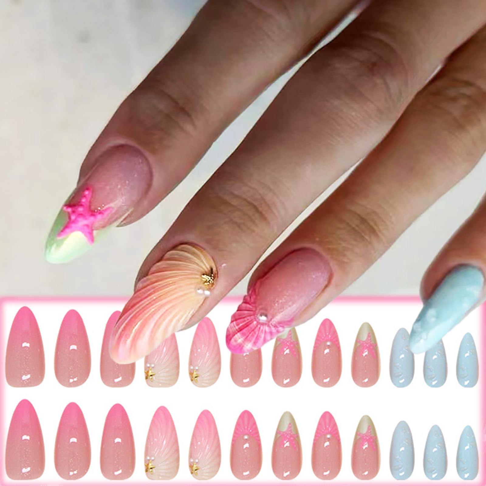 Green French Press on Nails 3D Curve Line Stick on Nails Ocean Shell Design Starfish Acrylic Fake Medium Almond Nails 24 Pcs Glossy Pink Gradient False Nails Stars Gel Glue on Nails for Women Girls - Image 5