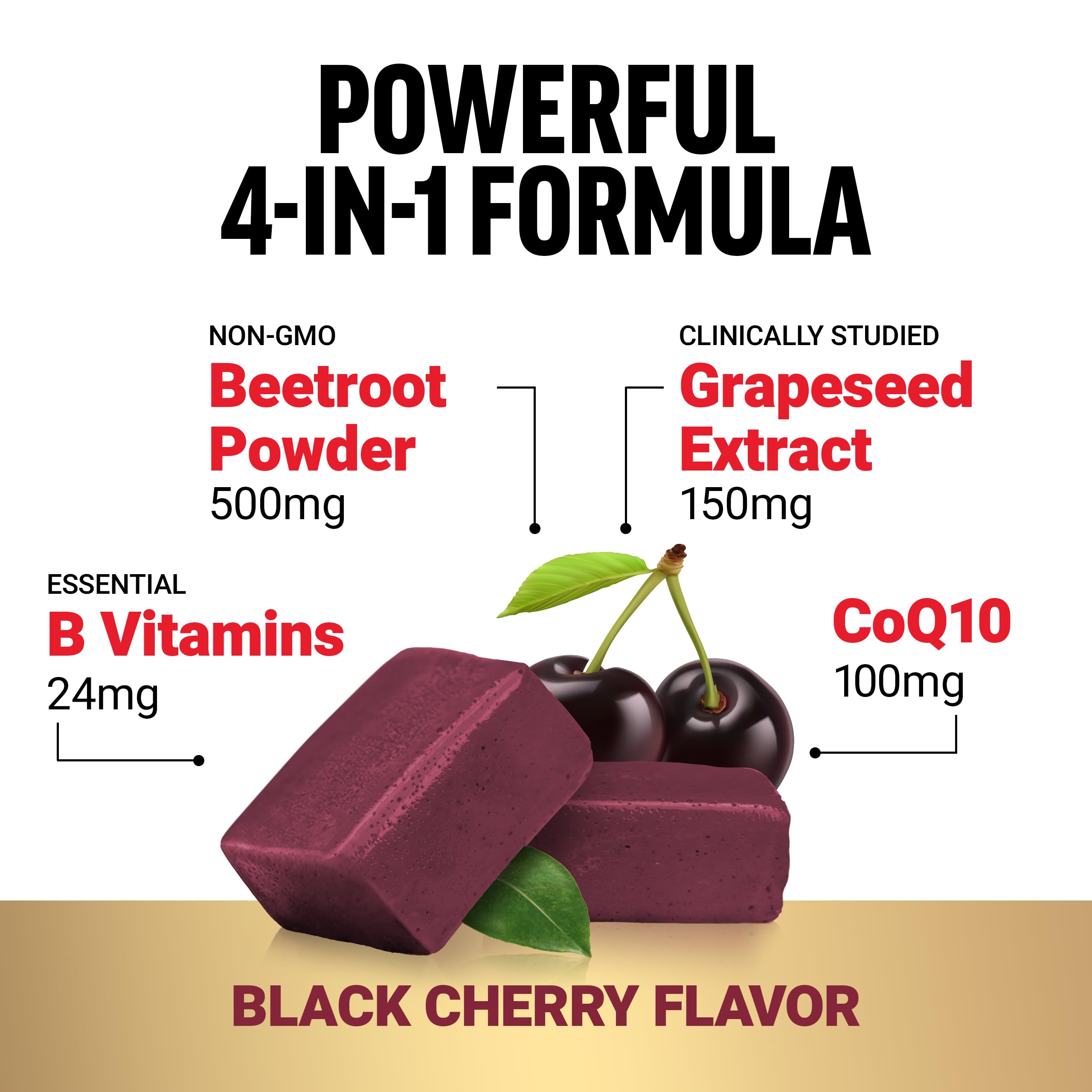 FORCE FACTOR Total Beets Ultimate Heart Health Chews for Blood Pressure Support, with Beetroot Powder, CoQ10, B Vitamins & Grapeseed Extract for Blood Flow & Energy, Black Cherry, 60 Soft Chews