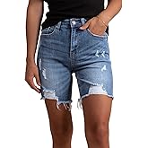 HUUSA Women's High Waist Ripped Denim Shorts Frayed Hem Destroyed Mid Thigh Short Jeans Casual Bermuda Shorts with Pocket