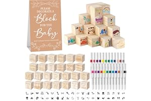 Aisharery 117 Pcs Baby Shower Blocks to Decorate Game Kit Includes 52 Wooden Blocks 24 Markers 1 Game Sign 40 Templates to Paint (Kraft)