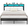 Homieasy Queen Size Bed Frame with Charging Station and Led Lights, Industrial Metal Platform Bed with Storage Headboard, Steel Slat Support, No Box Spring Needed, Noise-Free, Easy Assembly, Black Oak