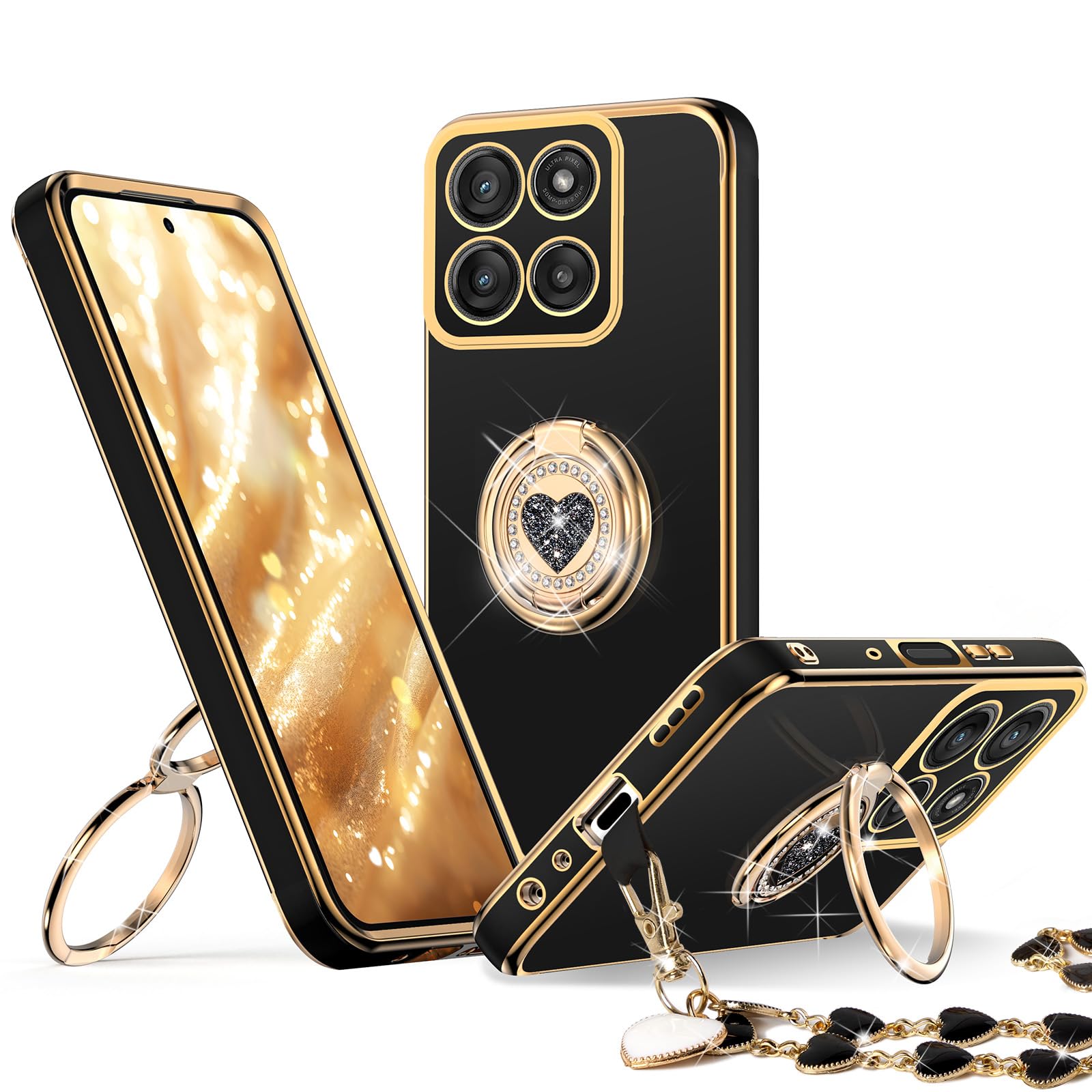 XYZ for Moto G Power 5G 2025 case with Ring Stand, Women Girls Cute Love-Heart Luxury Bling Protective Case Heart for Motorola Moto G Power 5G 2025, Black