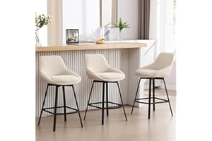 Zesthouse Swivel Bar Stools Set of 3, Modern Counter Height Barstools with Backs, 26'' Upholstered Linen Fabric High Chairs for Island Kitchen, Counter Height Chairs with Metal Legs, Beige