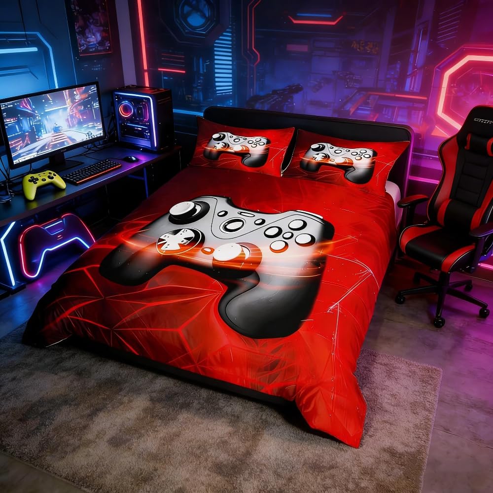 Loussiesd Boys Gamepad Duvet Cover Geometric Stripe Bedding Set Kids Boys Girls Video Game Gamepad Comforter Cover Game Controller Quilt Cover Bedroom Collection 3Pcs Double Size,Black,Red