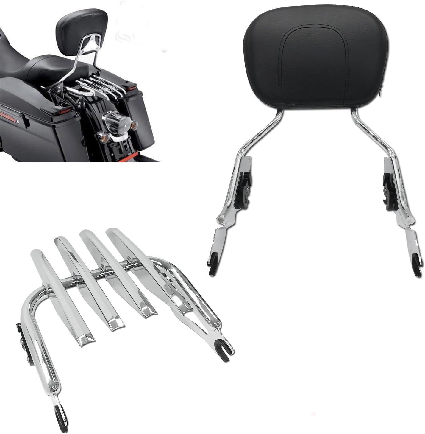 TJMOTO Chrome Detachable Backrest Sissy Bar Stealth Luggage Rack For