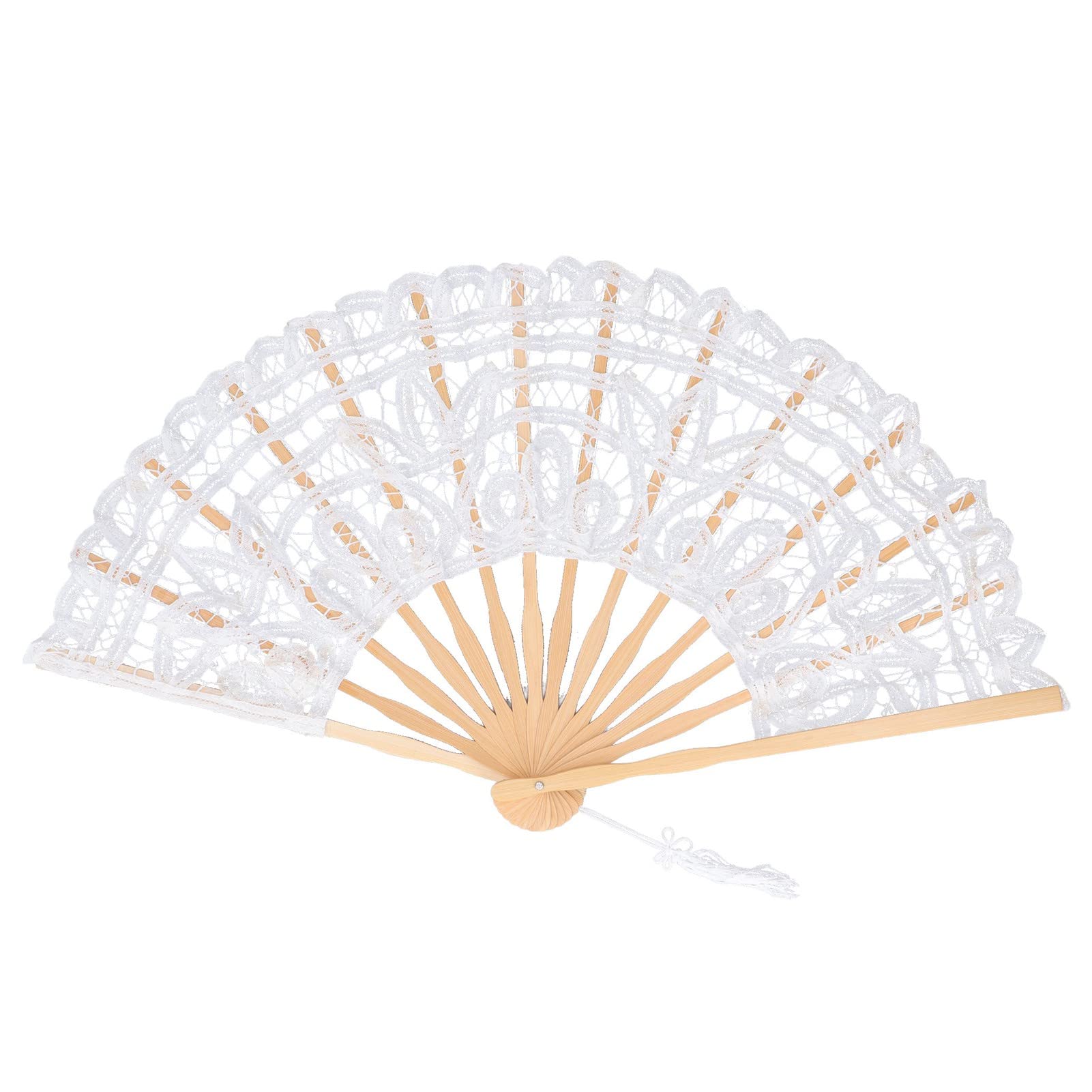 Decorative White Lace Hand Fan with Tassels for Wedding Party Celebrations