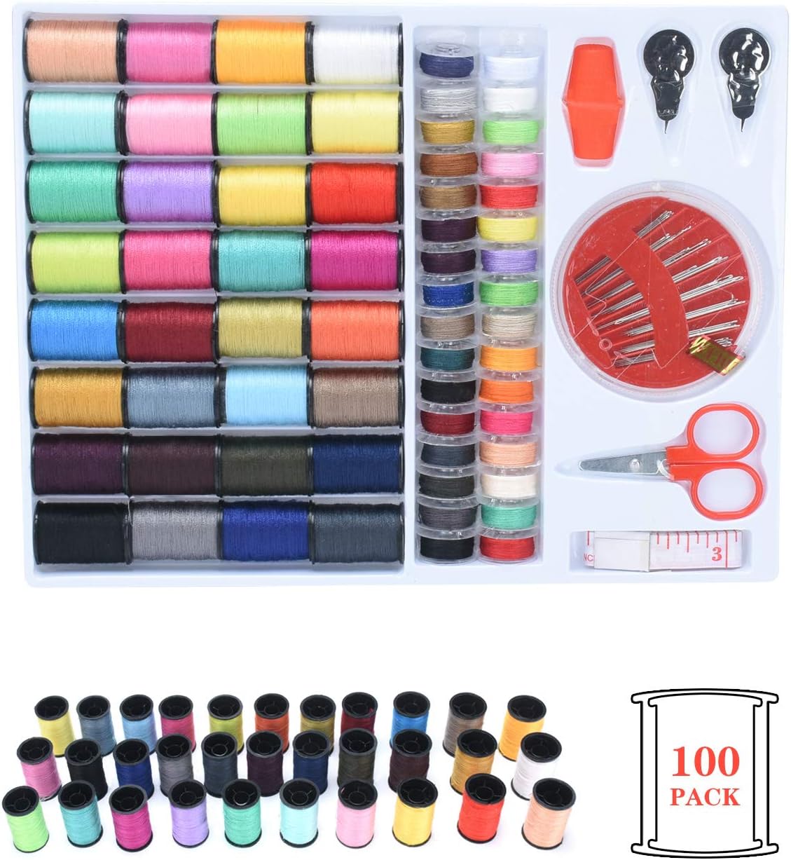 Sewing Kit 64 Thread Spools, DTOWER 100 Premium Sewing Supplies, Mini Travel & Home Sewing Accessories Kit for Travelers, Adults, Kids, Beginners, Emergency, DIY and Home